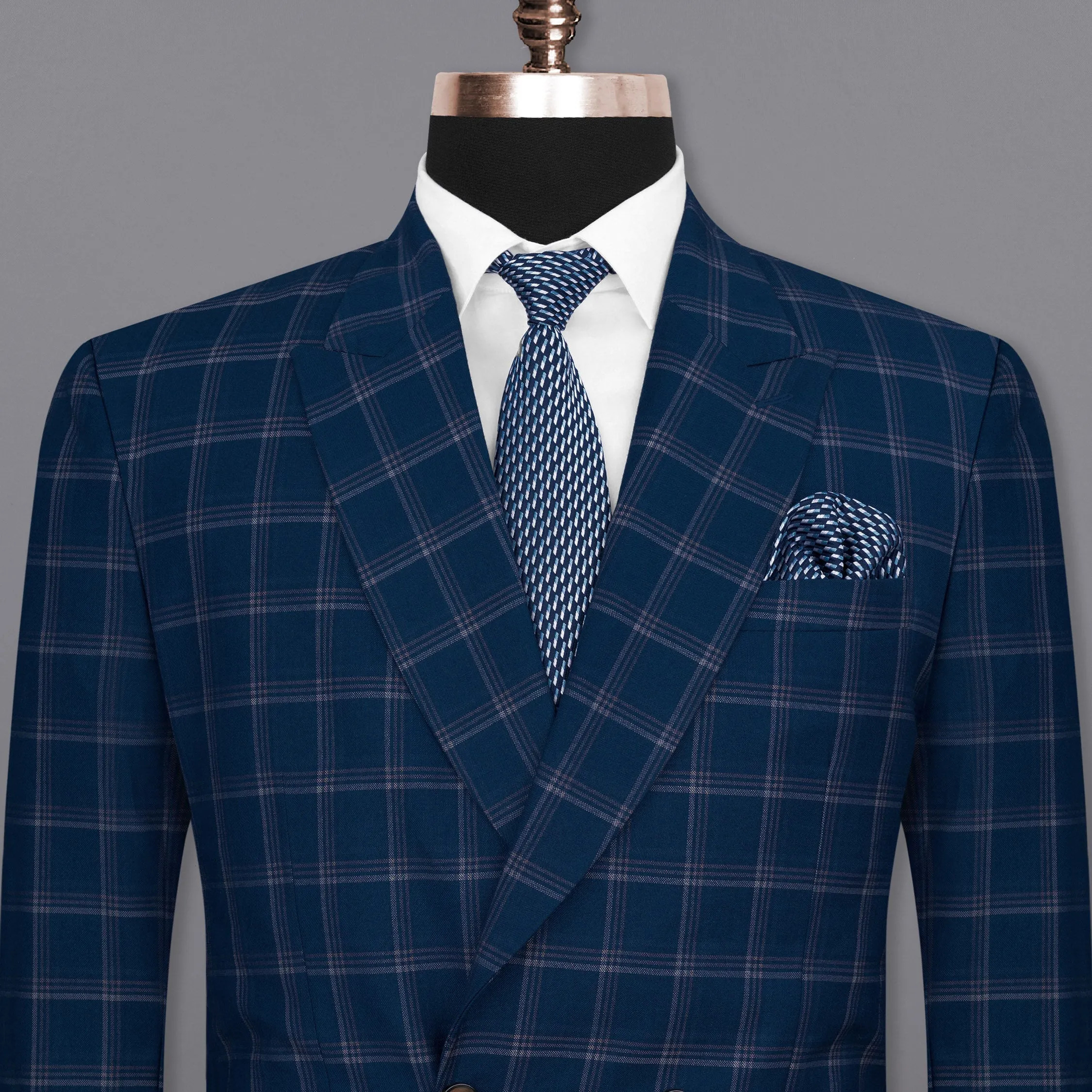 Cloud Burst Blue Super fine Windowpane Double Breasted Wool Rich Blazer