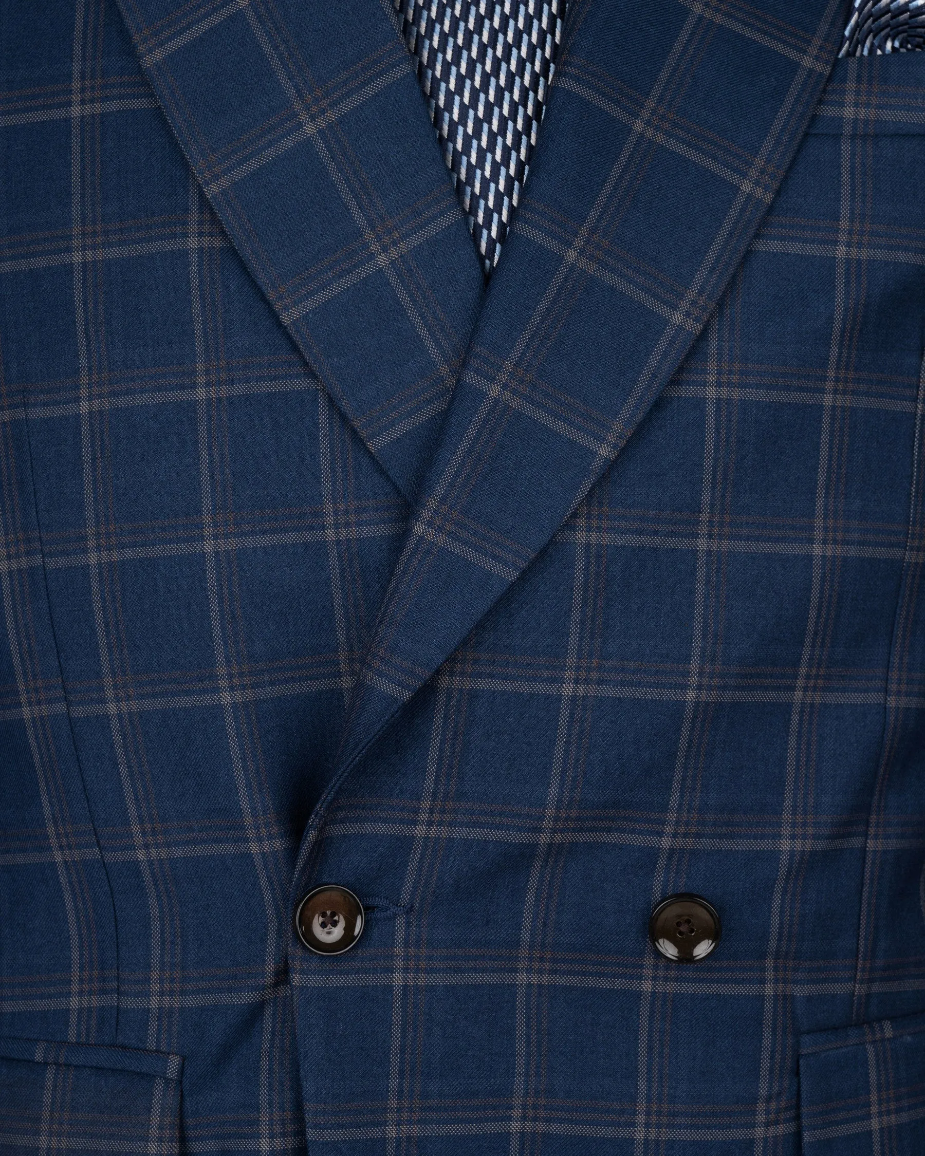 Cloud Burst Blue Super fine Windowpane Double Breasted Wool Rich Blazer