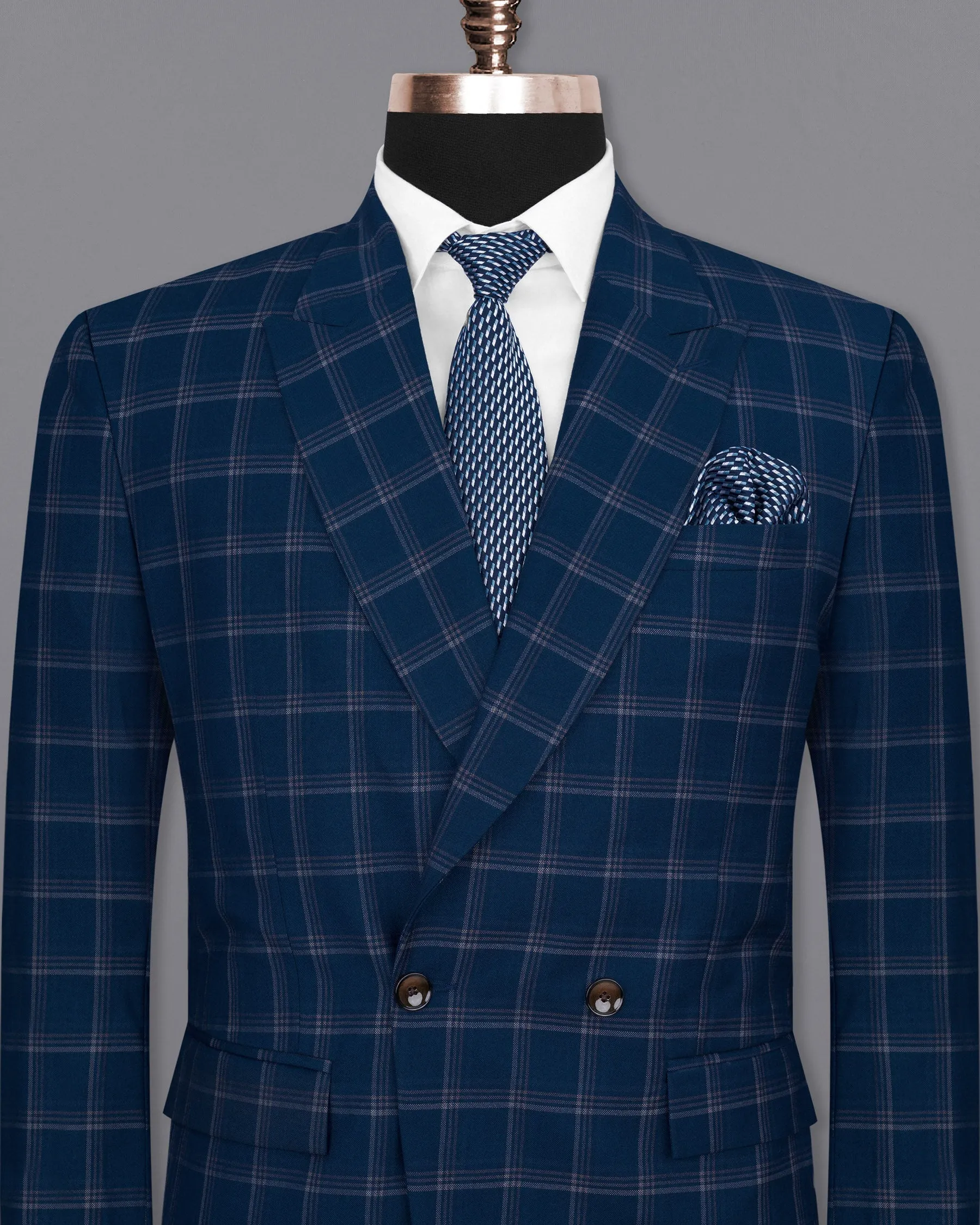 Cloud Burst Blue Super fine Windowpane Double Breasted Wool Rich Blazer