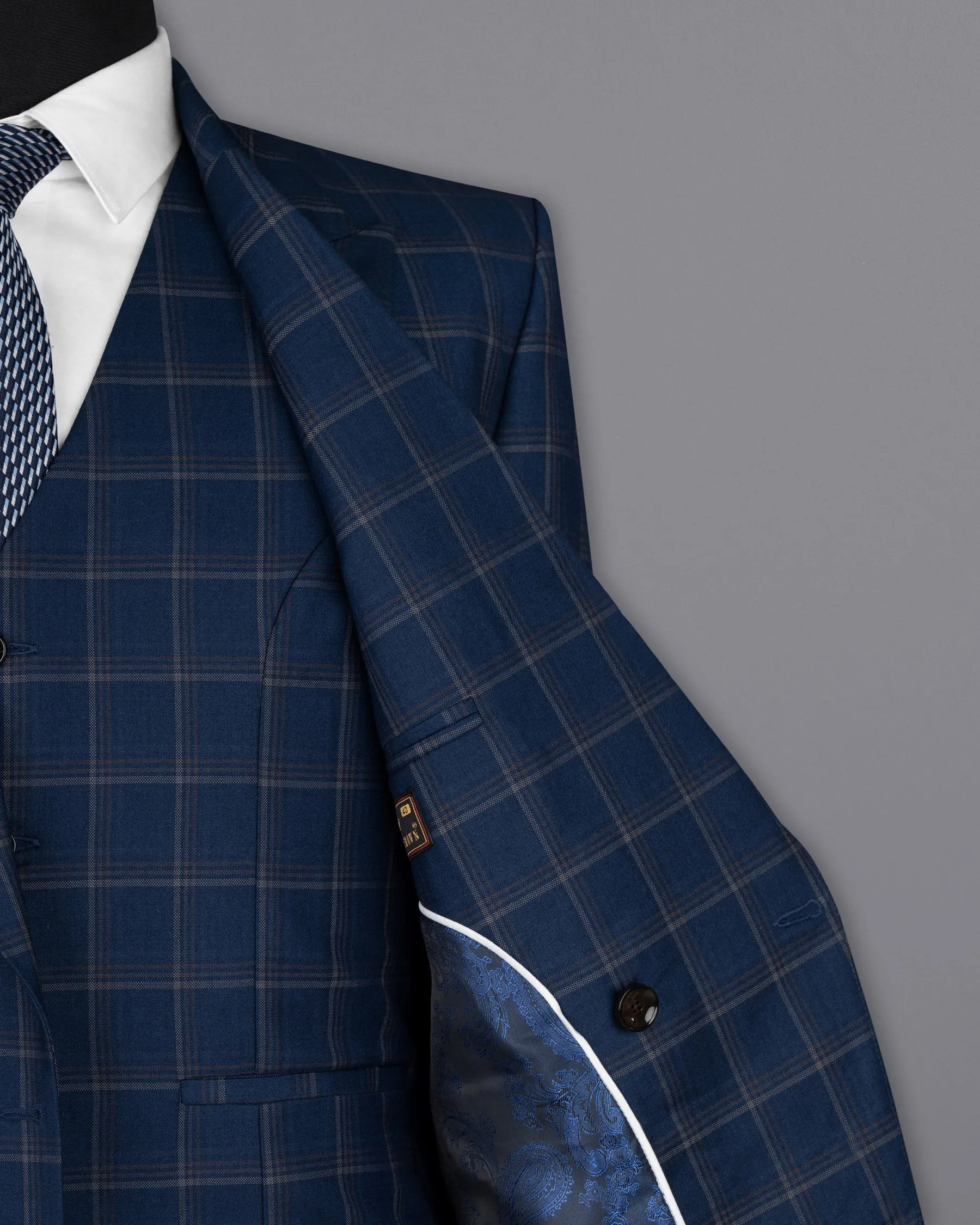 Cloud Burst Blue Super fine Windowpane Double Breasted Wool Rich Blazer