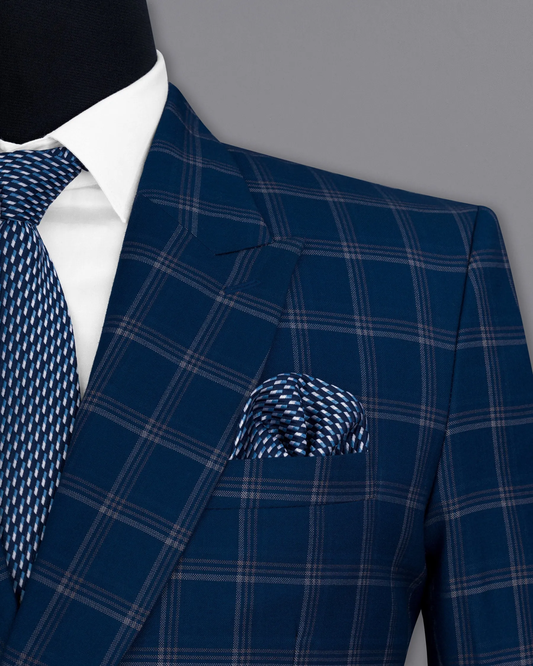 Cloud Burst Blue Super fine Windowpane Double Breasted Wool Rich Blazer