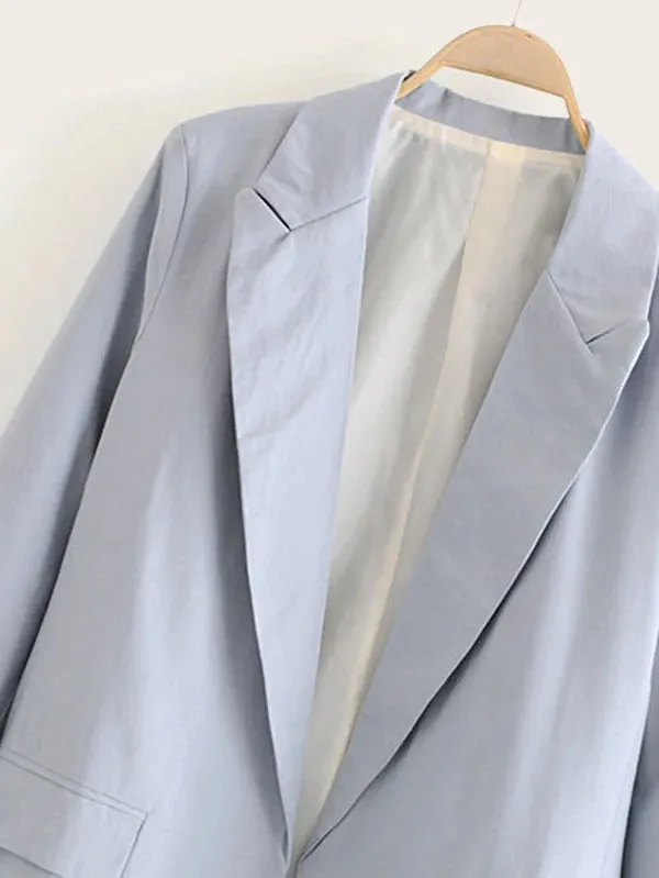 CM-CS830425 Women Casual Seoul Style Long Sleeve Lapel Neck Pocket Side Solid Blazer - Blue