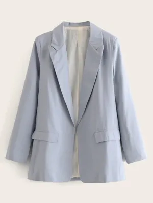 CM-CS830425 Women Casual Seoul Style Long Sleeve Lapel Neck Pocket Side Solid Blazer - Blue
