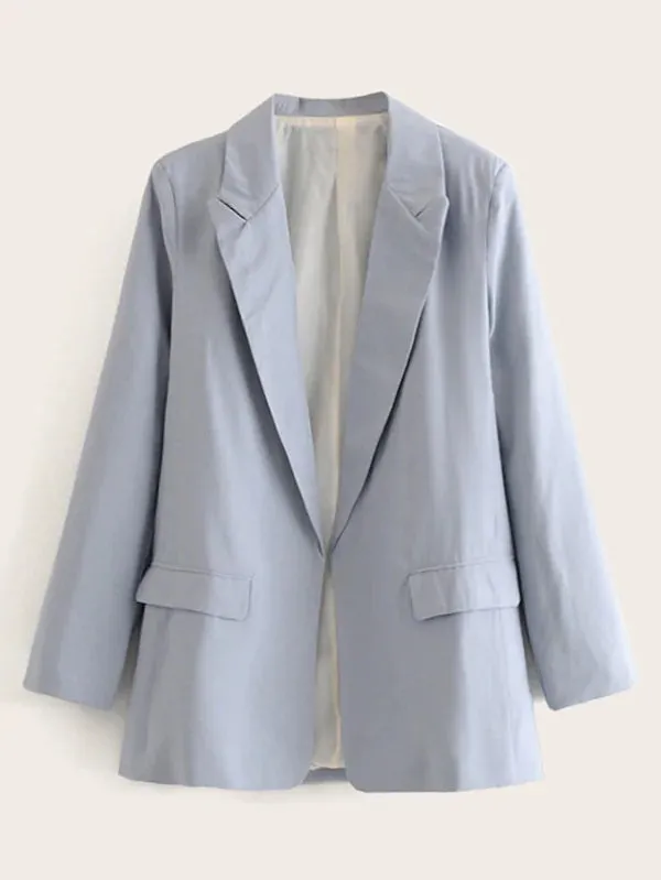 CM-CS830425 Women Casual Seoul Style Long Sleeve Lapel Neck Pocket Side Solid Blazer - Blue