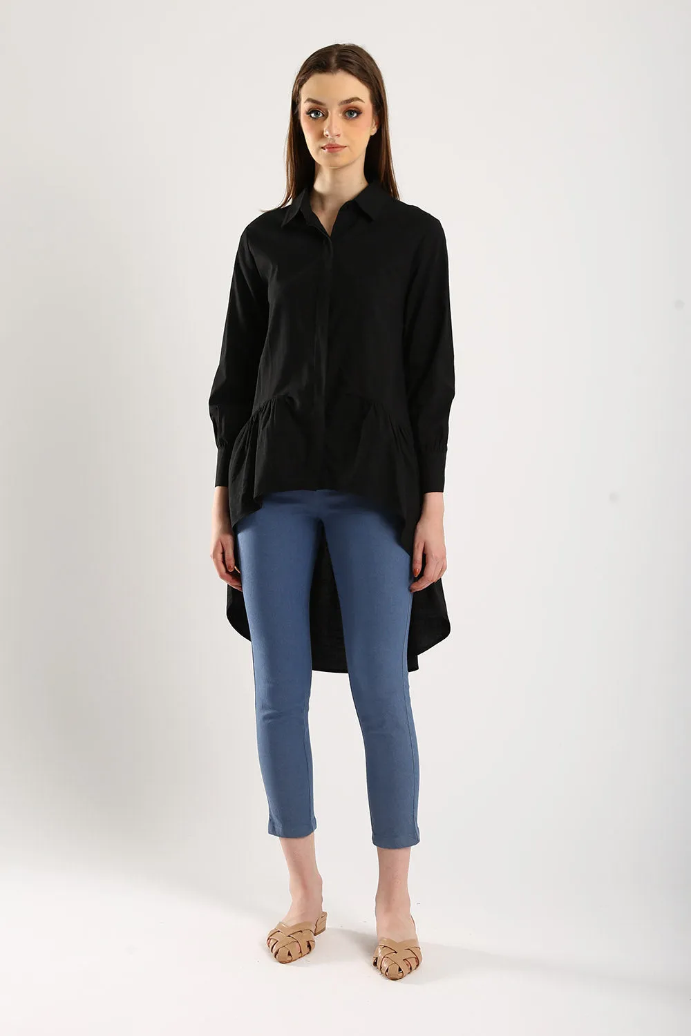 Cotton Linen Front Button Shirt Tunic in Black