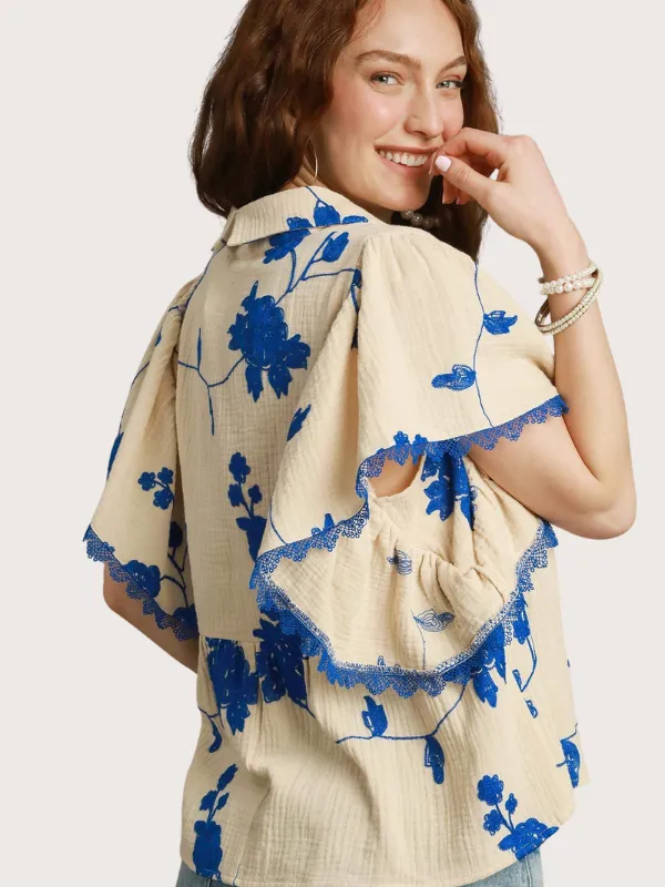Cream   Royal Blue Embroidered Top
