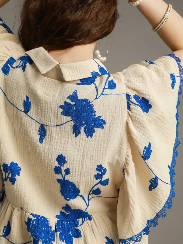 Cream   Royal Blue Embroidered Top