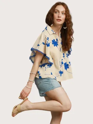 Cream   Royal Blue Embroidered Top