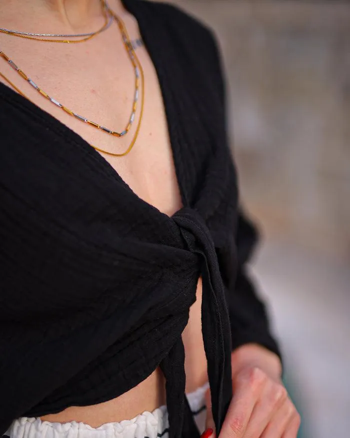 Crinkle Cotton Black Wrap Top
