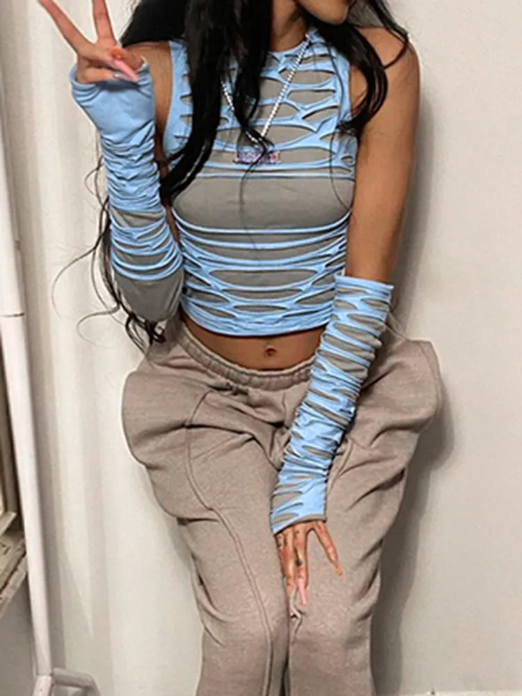 Cut Out Crop Top With Arm Gloves Streetwear Aesthetic Tank Tops