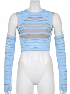 Cut Out Crop Top With Arm Gloves Streetwear Aesthetic Tank Tops