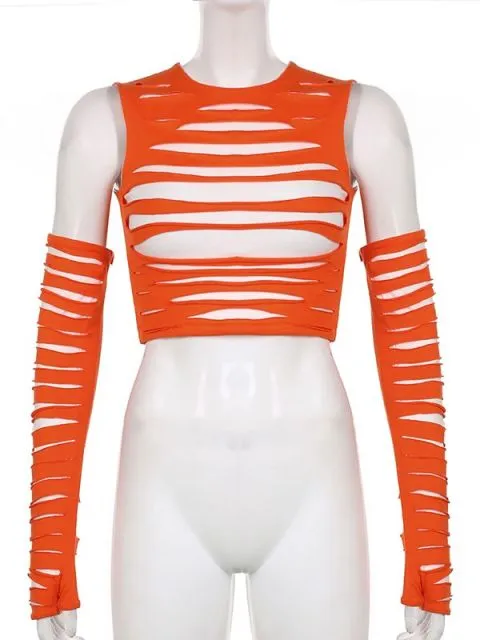 Cut Out Crop Top With Arm Gloves Streetwear Aesthetic Tank Tops