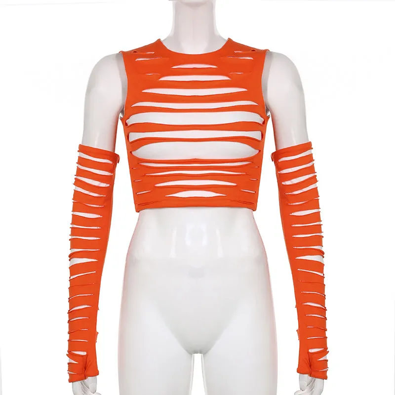 Cut Out Crop Top With Arm Gloves Streetwear Aesthetic Tank Tops