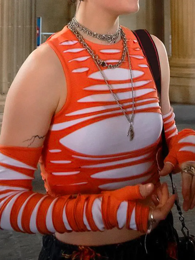 Cut Out Crop Top With Arm Gloves Streetwear Aesthetic Tank Tops
