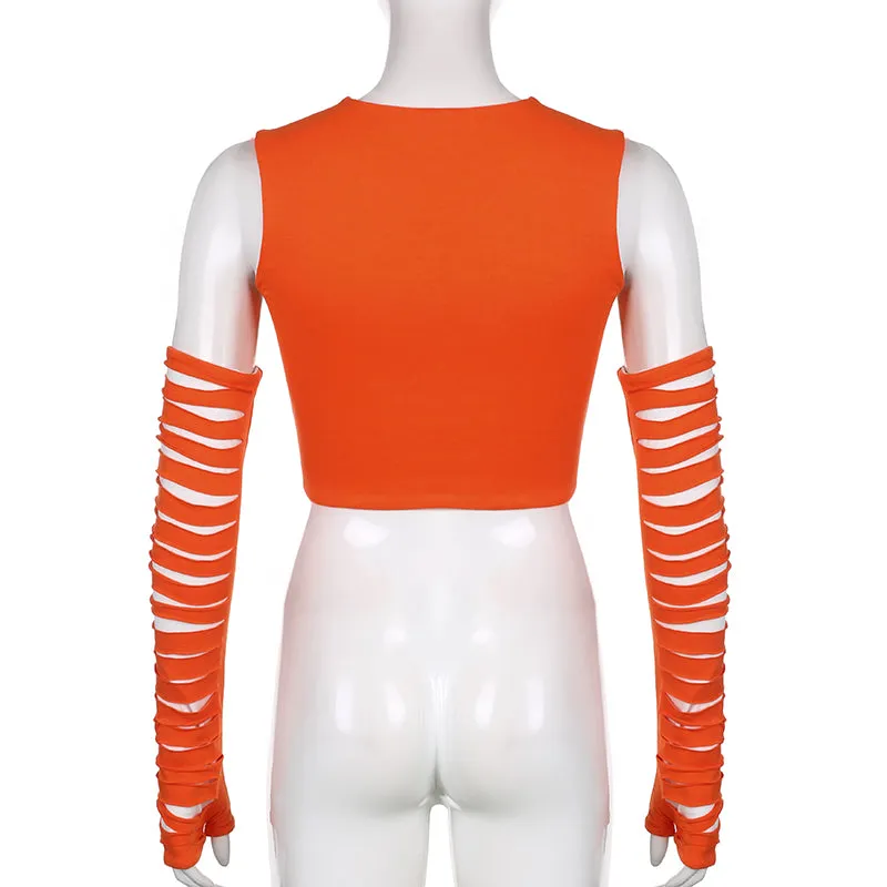 Cut Out Crop Top With Arm Gloves Streetwear Aesthetic Tank Tops