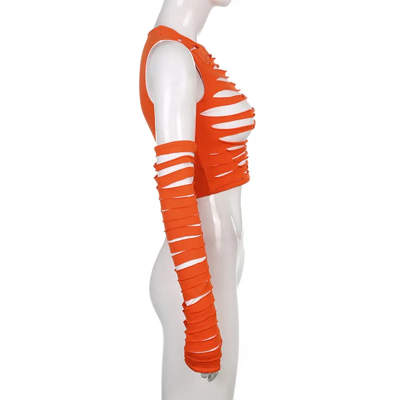 Cut Out Crop Top With Arm Gloves Streetwear Aesthetic Tank Tops