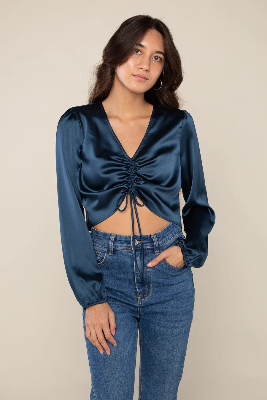 Dana Satin Long Sleeve Top - Ink Blue