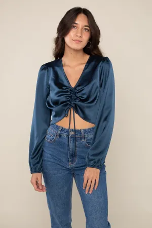 Dana Satin Long Sleeve Top - Ink Blue