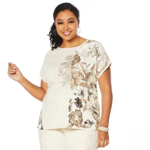 DG2 by Diane Gilman Women's Plus Size Mixed Media Embroidered Top With Front Seam
