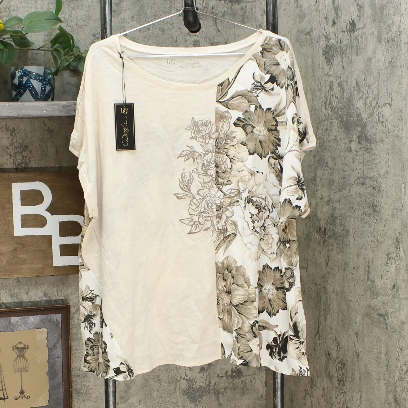 DG2 by Diane Gilman Women's Plus Size Mixed Media Embroidered Top With Front Seam