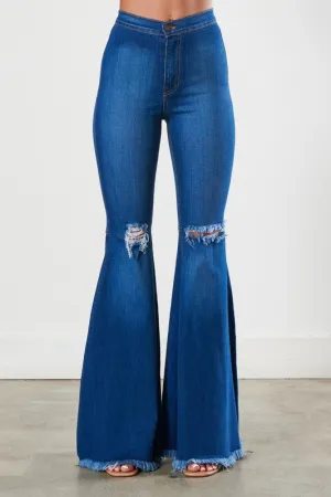 Donna Raw Hem Distressed  Flare Jeans - Medium Stone Wash