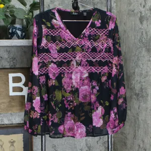 Du Jour Women's Floral Printed Woven Top With Smocking Detail Pink Small