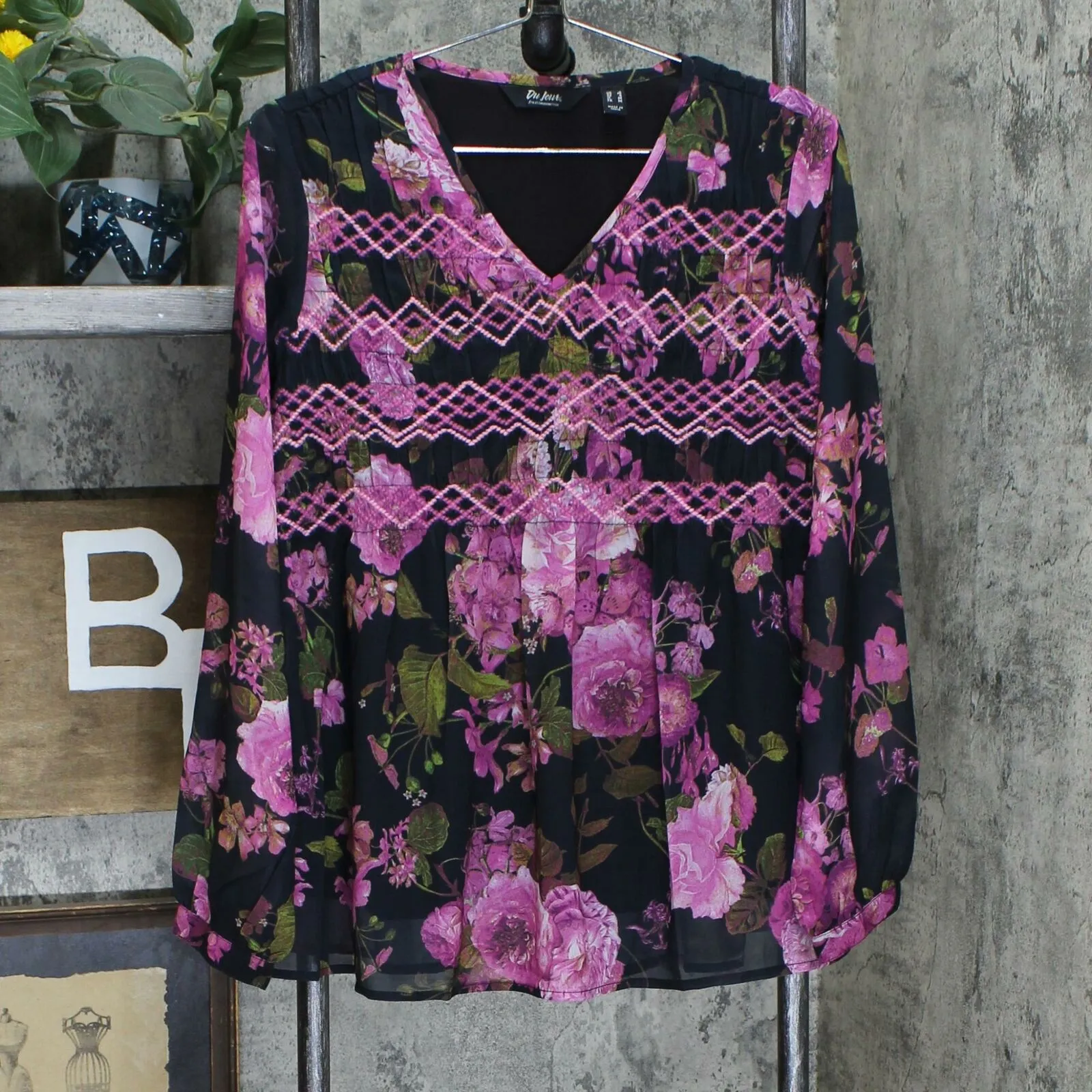 Du Jour Women's Floral Printed Woven Top With Smocking Detail Pink Small