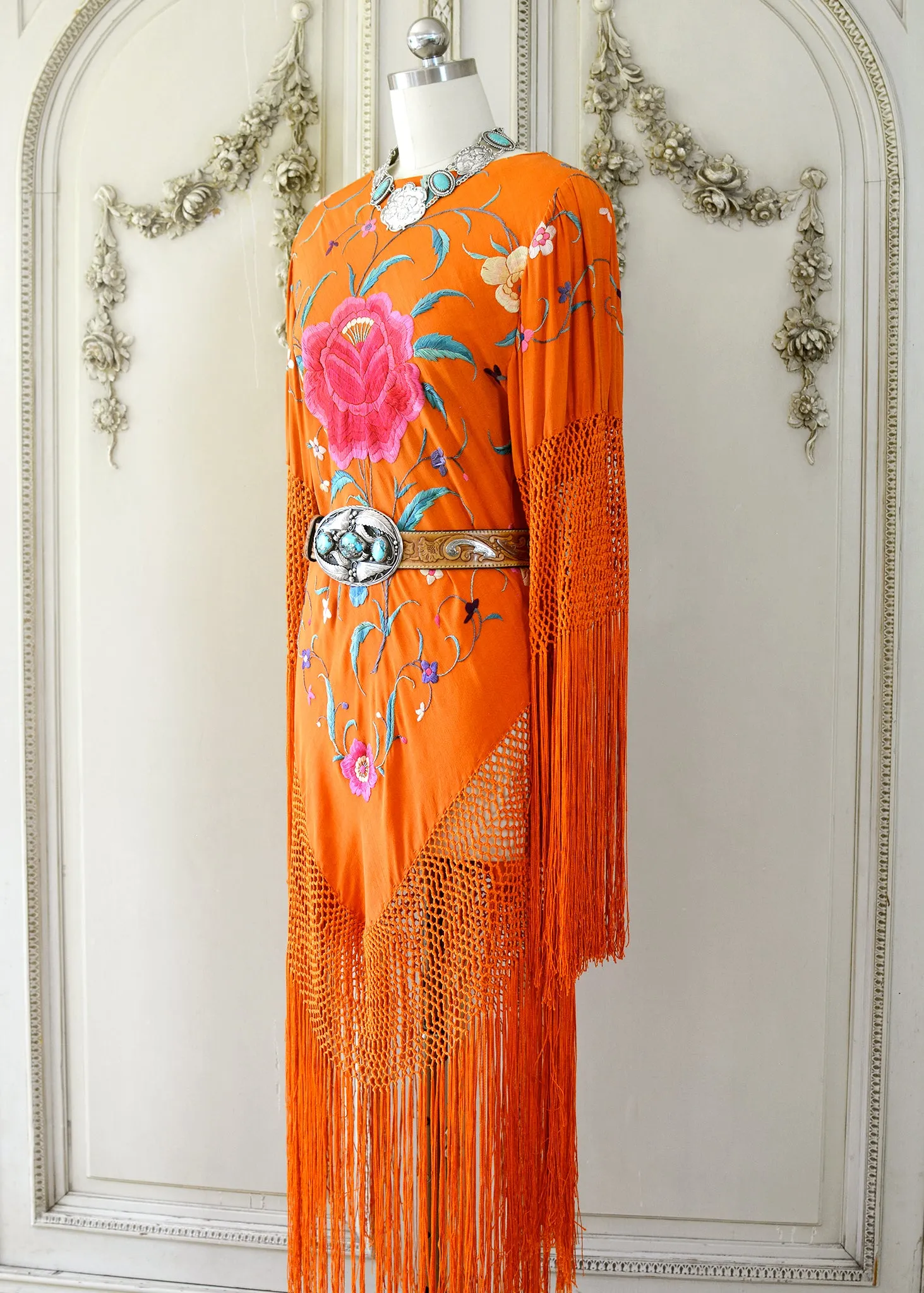 Ellie Antique Hand Embroidered Burnt Orange Silk Crepe Dress with Opulent Silk Fringes - SOLD