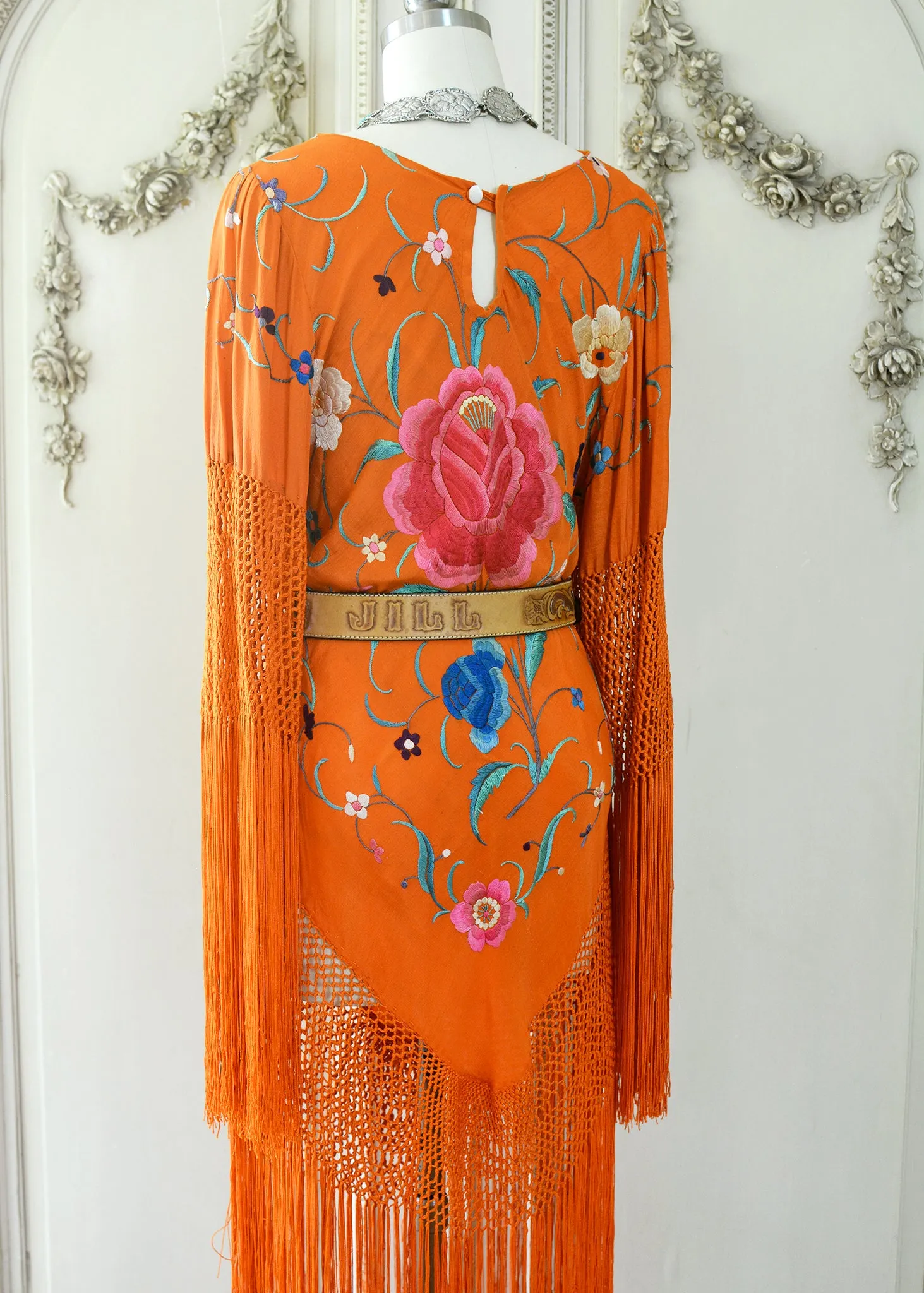 Ellie Antique Hand Embroidered Burnt Orange Silk Crepe Dress with Opulent Silk Fringes - SOLD