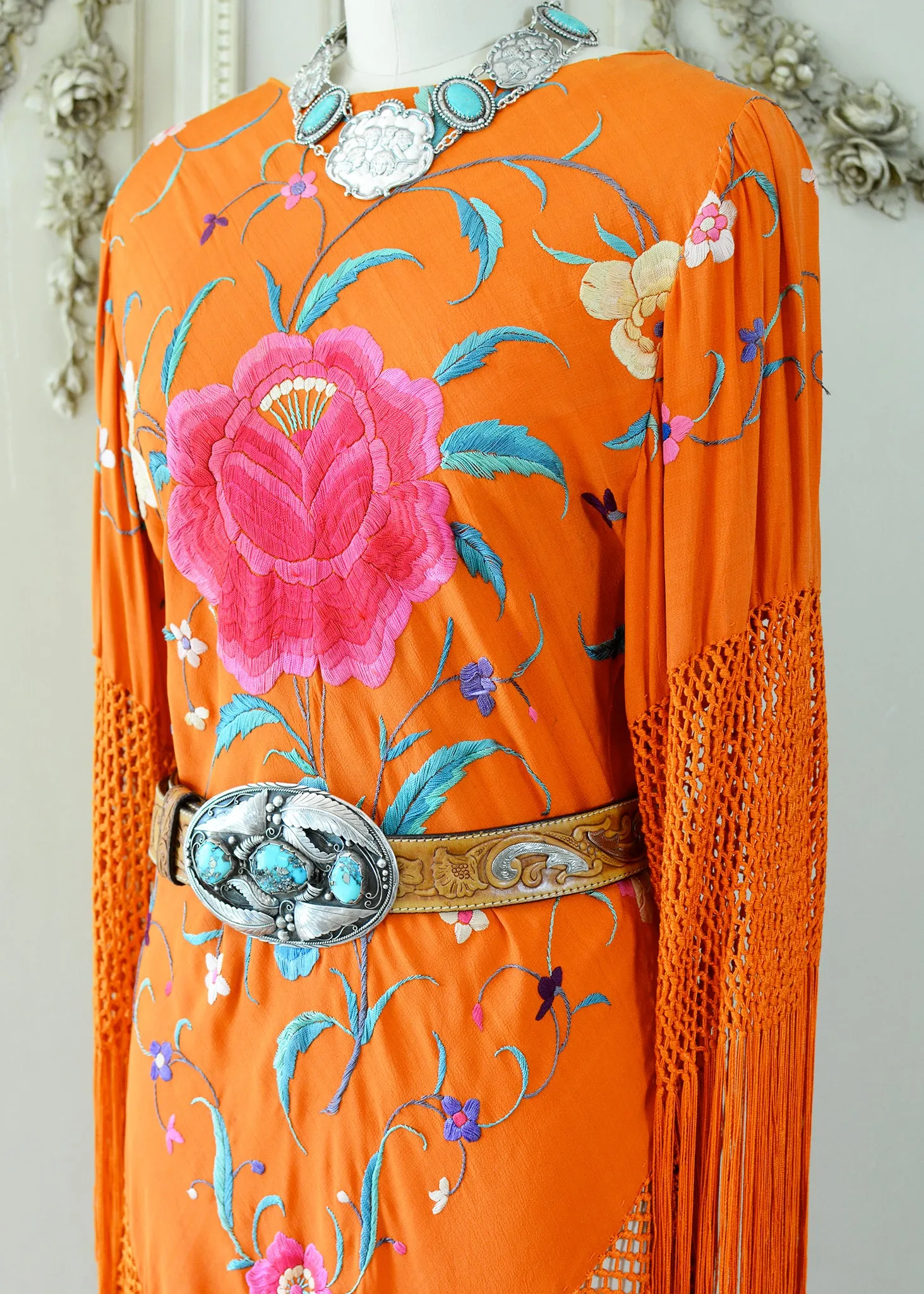 Ellie Antique Hand Embroidered Burnt Orange Silk Crepe Dress with Opulent Silk Fringes - SOLD