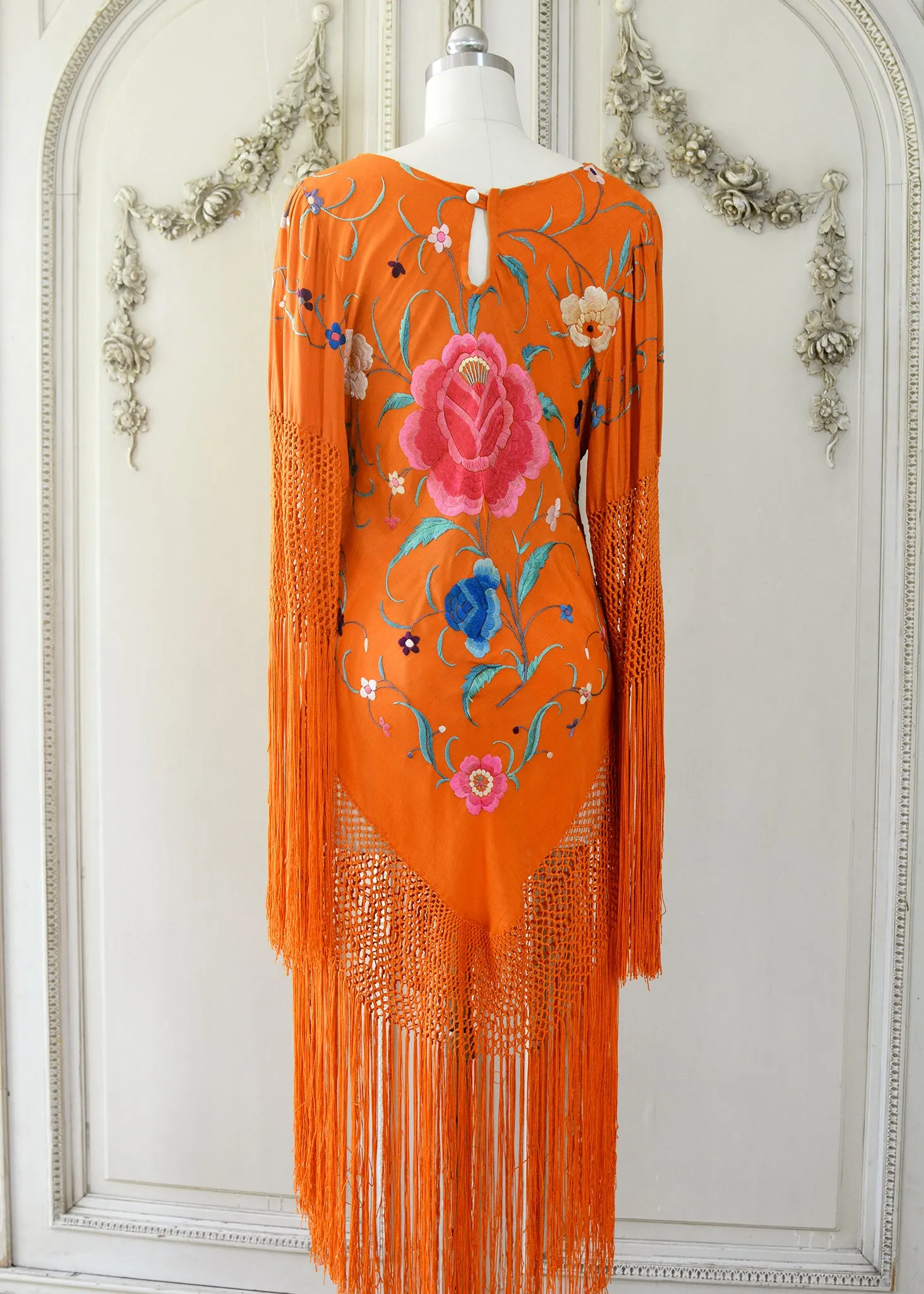 Ellie Antique Hand Embroidered Burnt Orange Silk Crepe Dress with Opulent Silk Fringes - SOLD