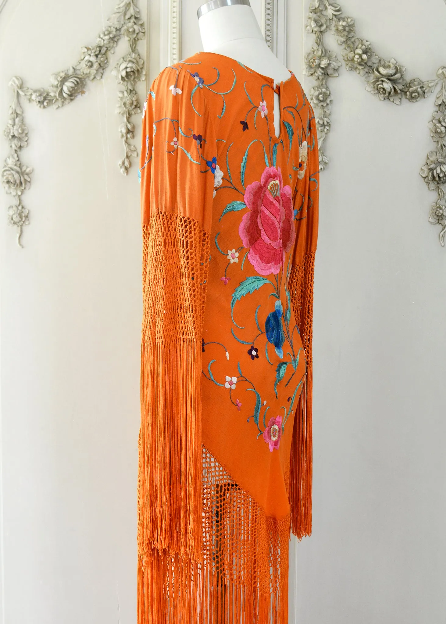 Ellie Antique Hand Embroidered Burnt Orange Silk Crepe Dress with Opulent Silk Fringes - SOLD