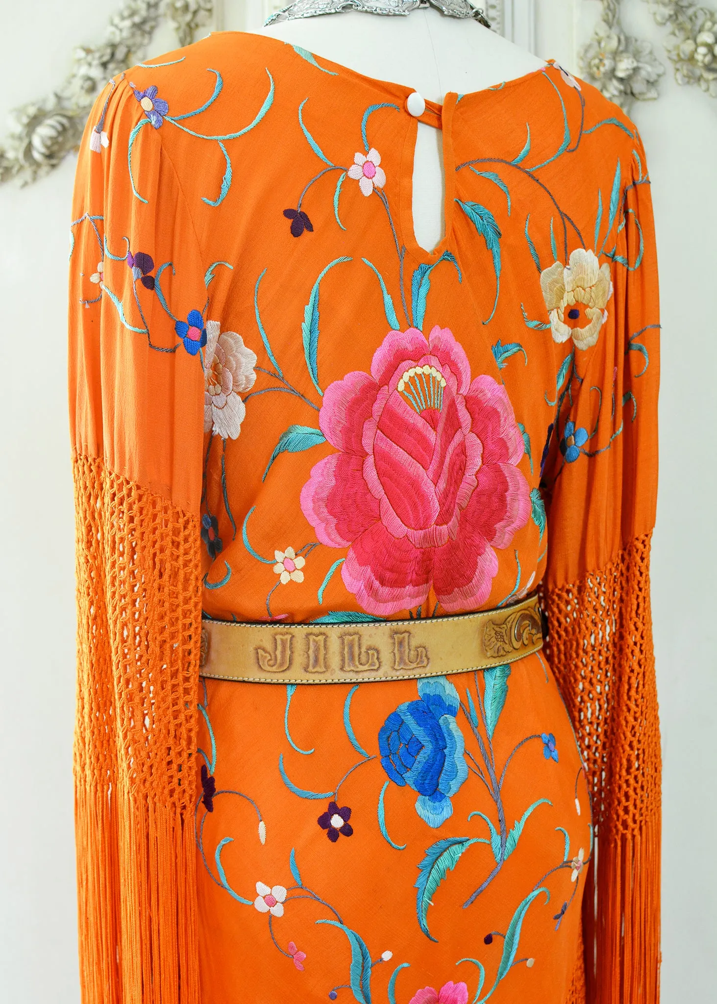 Ellie Antique Hand Embroidered Burnt Orange Silk Crepe Dress with Opulent Silk Fringes - SOLD