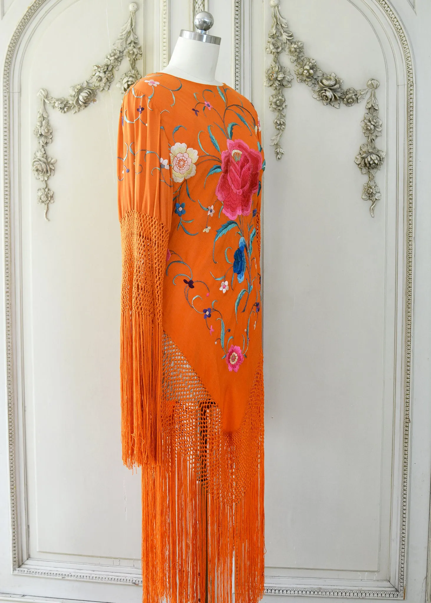 Ellie Antique Hand Embroidered Burnt Orange Silk Crepe Dress with Opulent Silk Fringes - SOLD