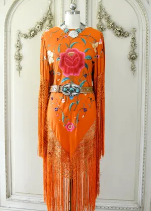 Ellie Antique Hand Embroidered Burnt Orange Silk Crepe Dress with Opulent Silk Fringes - SOLD