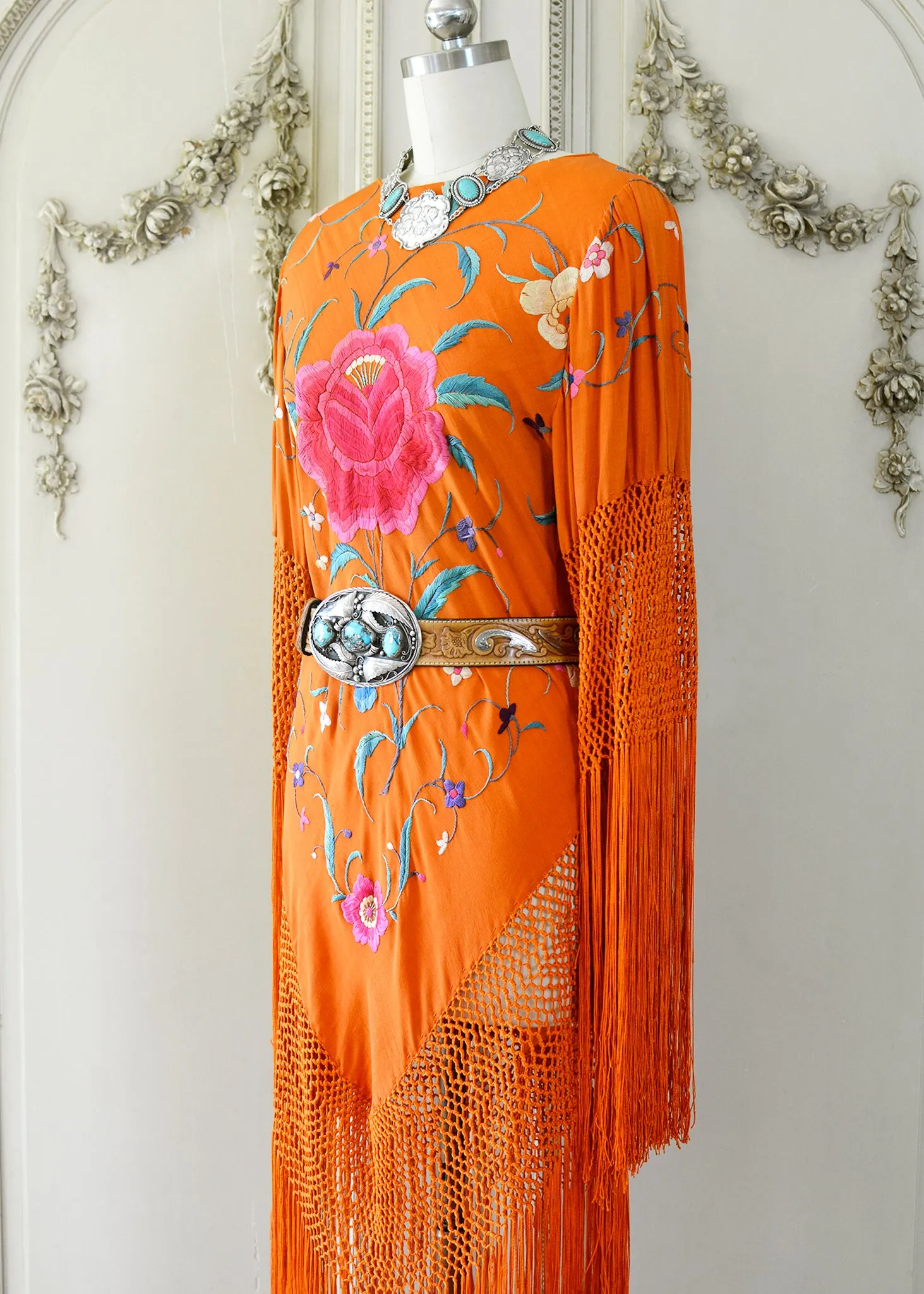 Ellie Antique Hand Embroidered Burnt Orange Silk Crepe Dress with Opulent Silk Fringes - SOLD