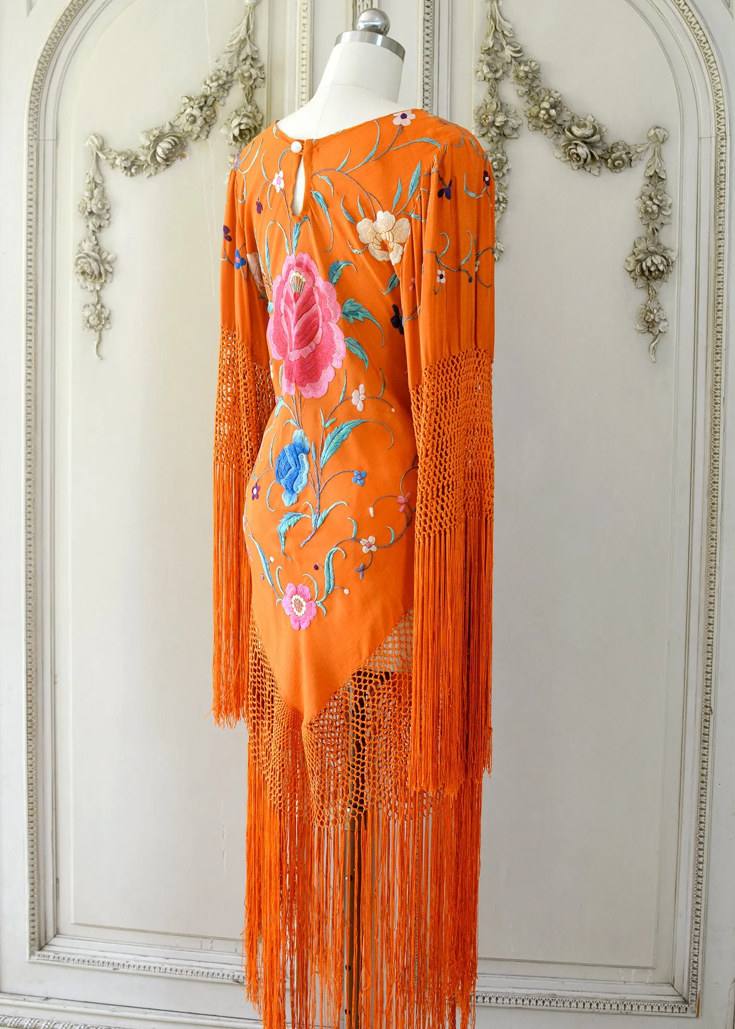 Ellie Antique Hand Embroidered Burnt Orange Silk Crepe Dress with Opulent Silk Fringes - SOLD