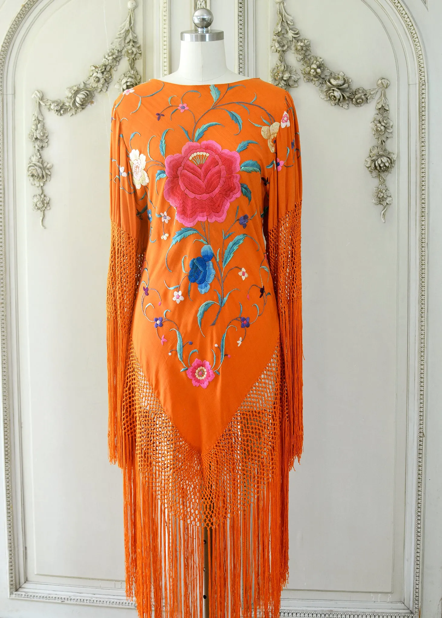 Ellie Antique Hand Embroidered Burnt Orange Silk Crepe Dress with Opulent Silk Fringes - SOLD