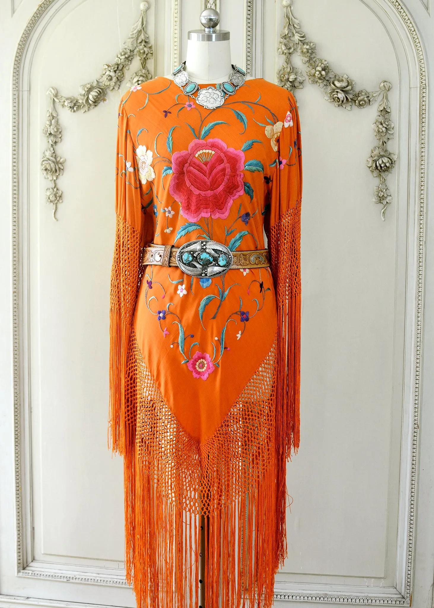 Ellie Antique Hand Embroidered Burnt Orange Silk Crepe Dress with Opulent Silk Fringes - SOLD