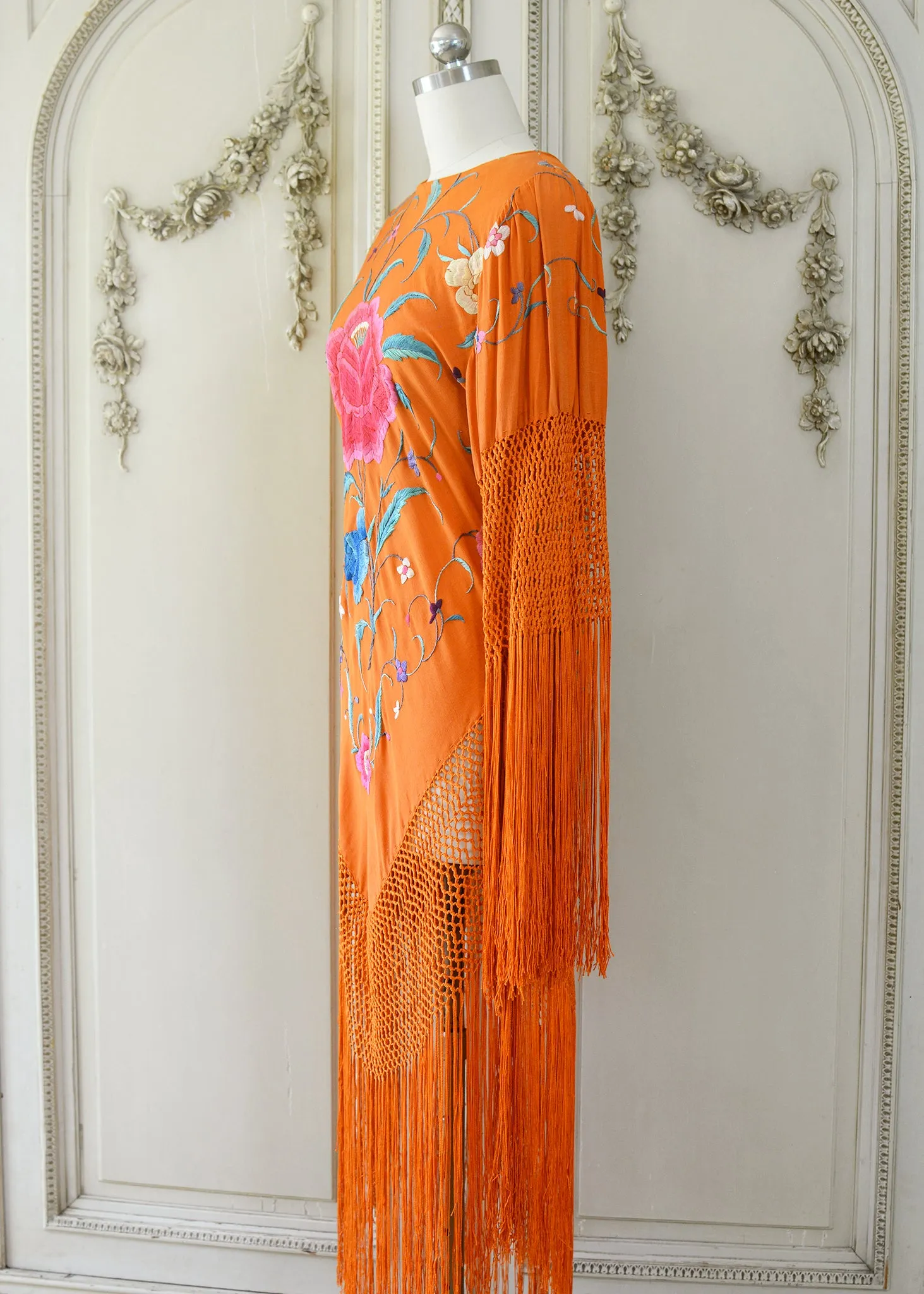 Ellie Antique Hand Embroidered Burnt Orange Silk Crepe Dress with Opulent Silk Fringes - SOLD
