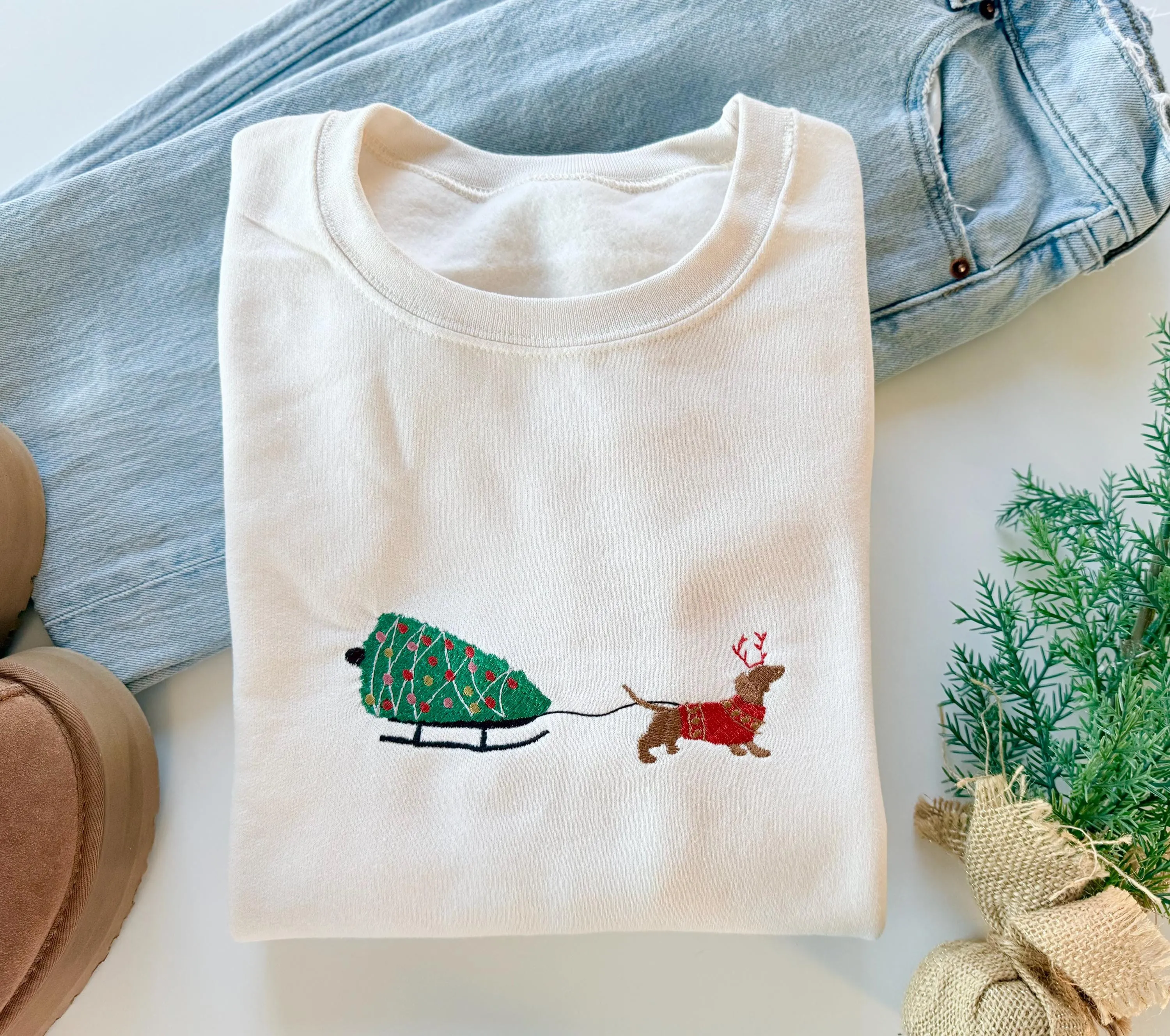 Embroidered Christmas Dog Sled Sweatshirt for Women – Christmas Winter Sweater for Dog Lovers