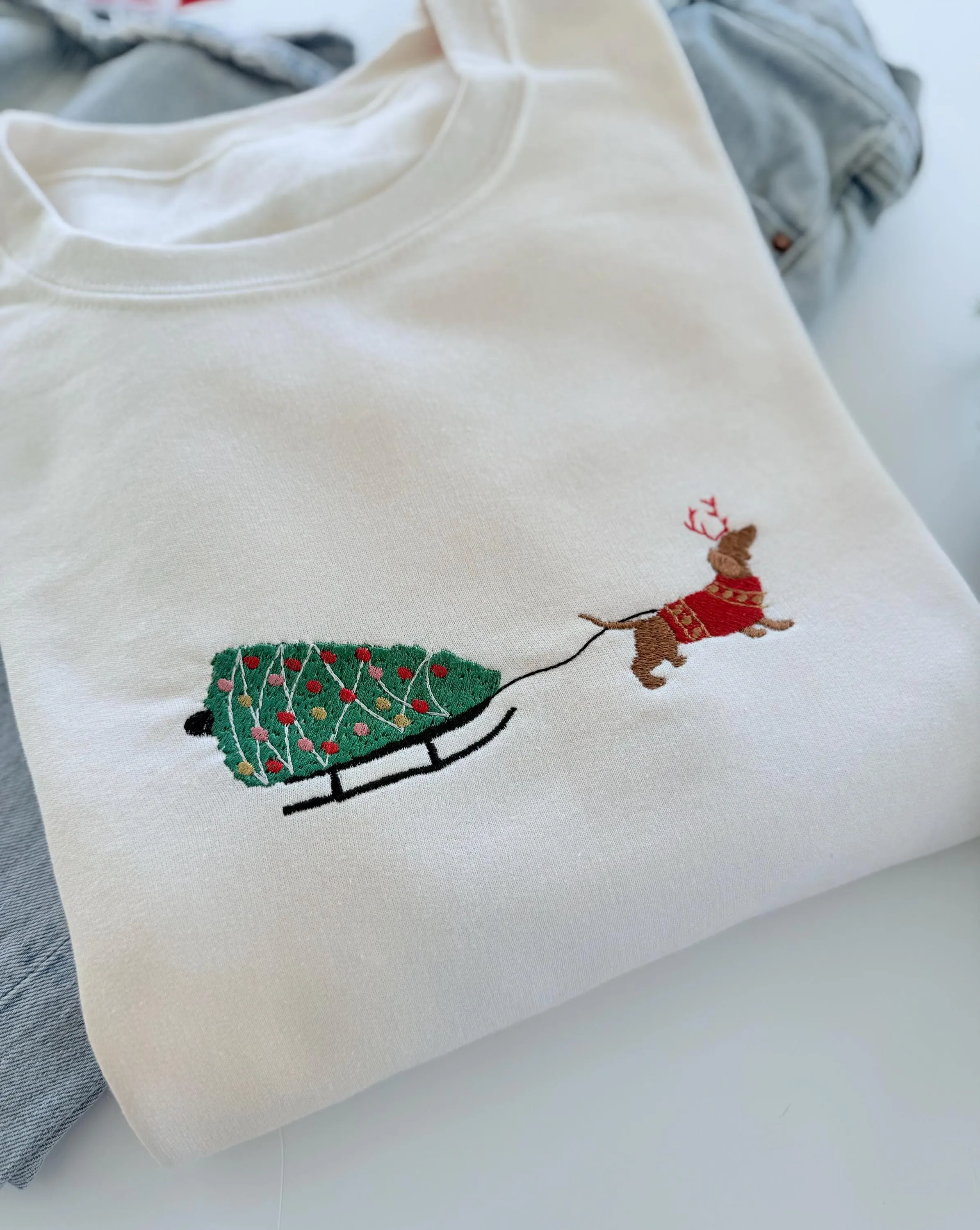 Embroidered Christmas Dog Sled Sweatshirt for Women – Christmas Winter Sweater for Dog Lovers