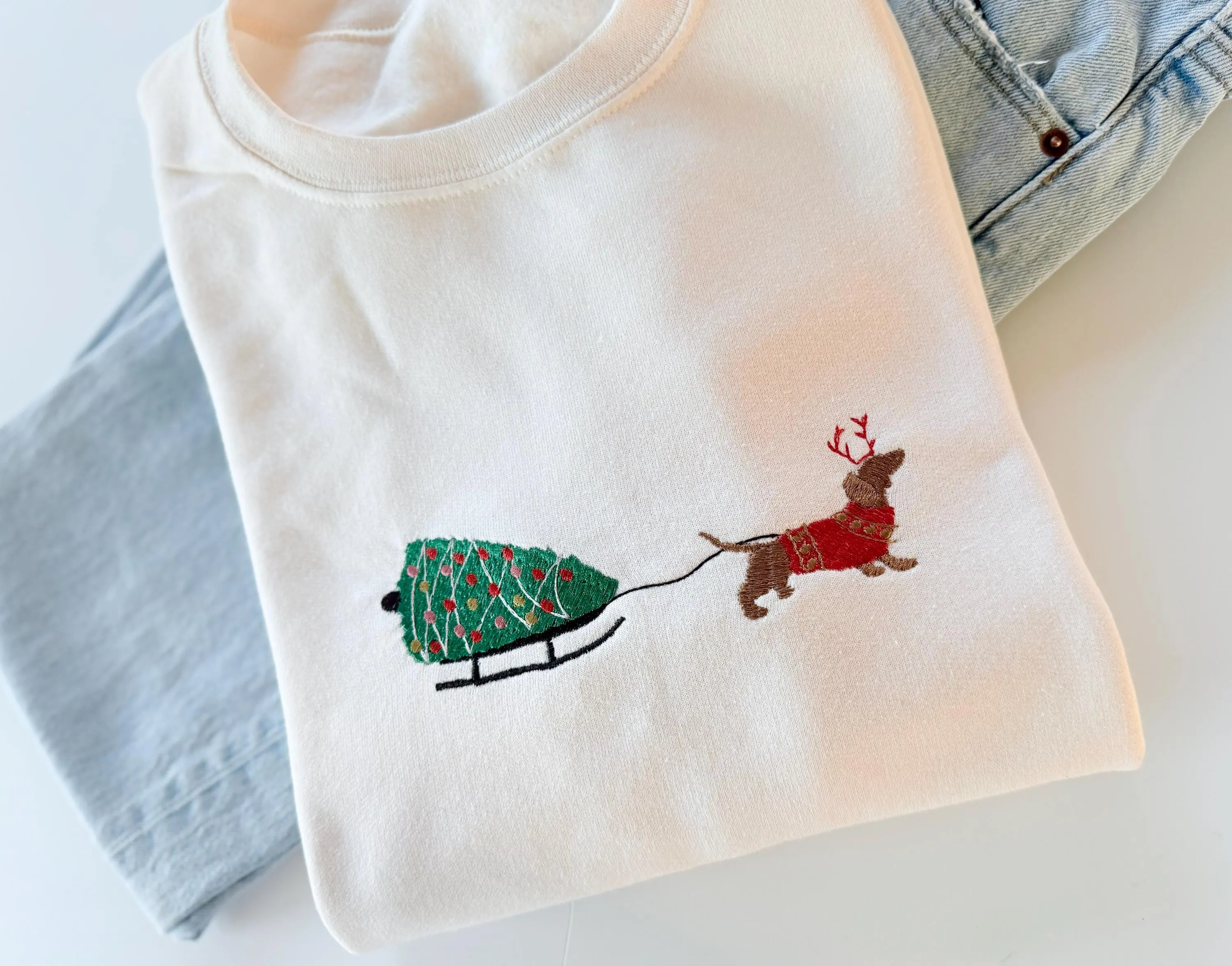 Embroidered Christmas Dog Sled Sweatshirt for Women – Christmas Winter Sweater for Dog Lovers