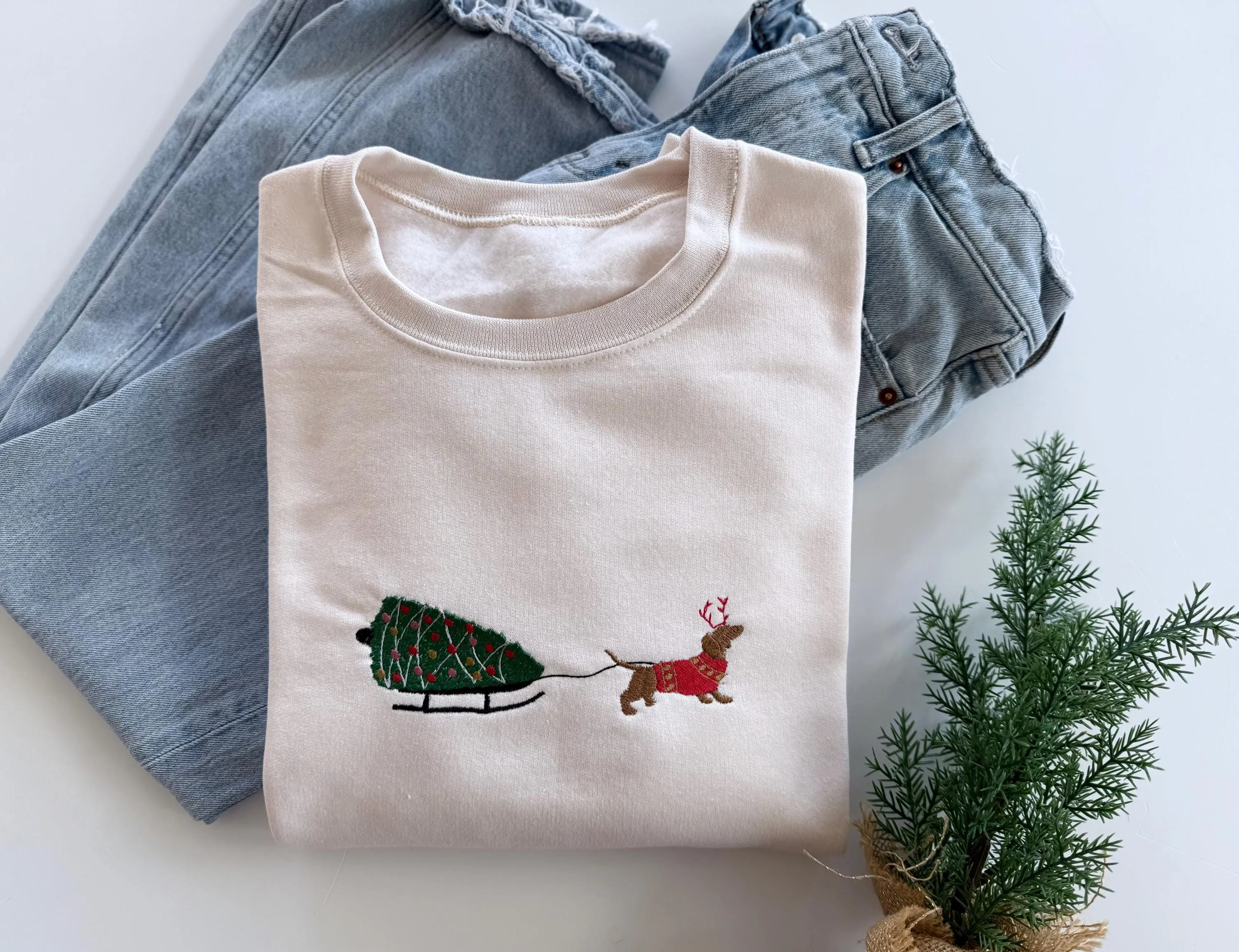 Embroidered Christmas Dog Sled Sweatshirt for Women – Christmas Winter Sweater for Dog Lovers