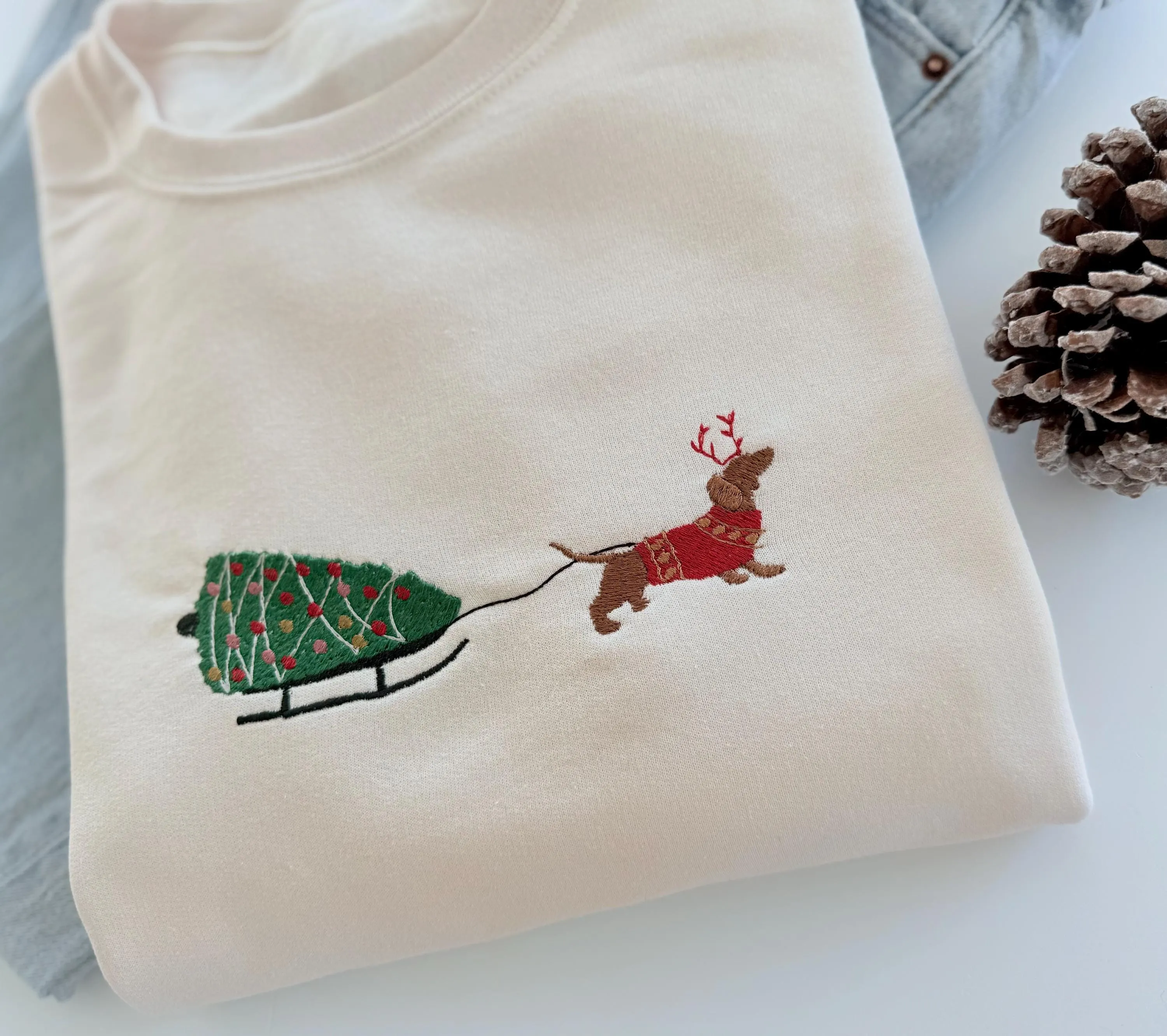 Embroidered Christmas Dog Sled Sweatshirt for Women – Christmas Winter Sweater for Dog Lovers