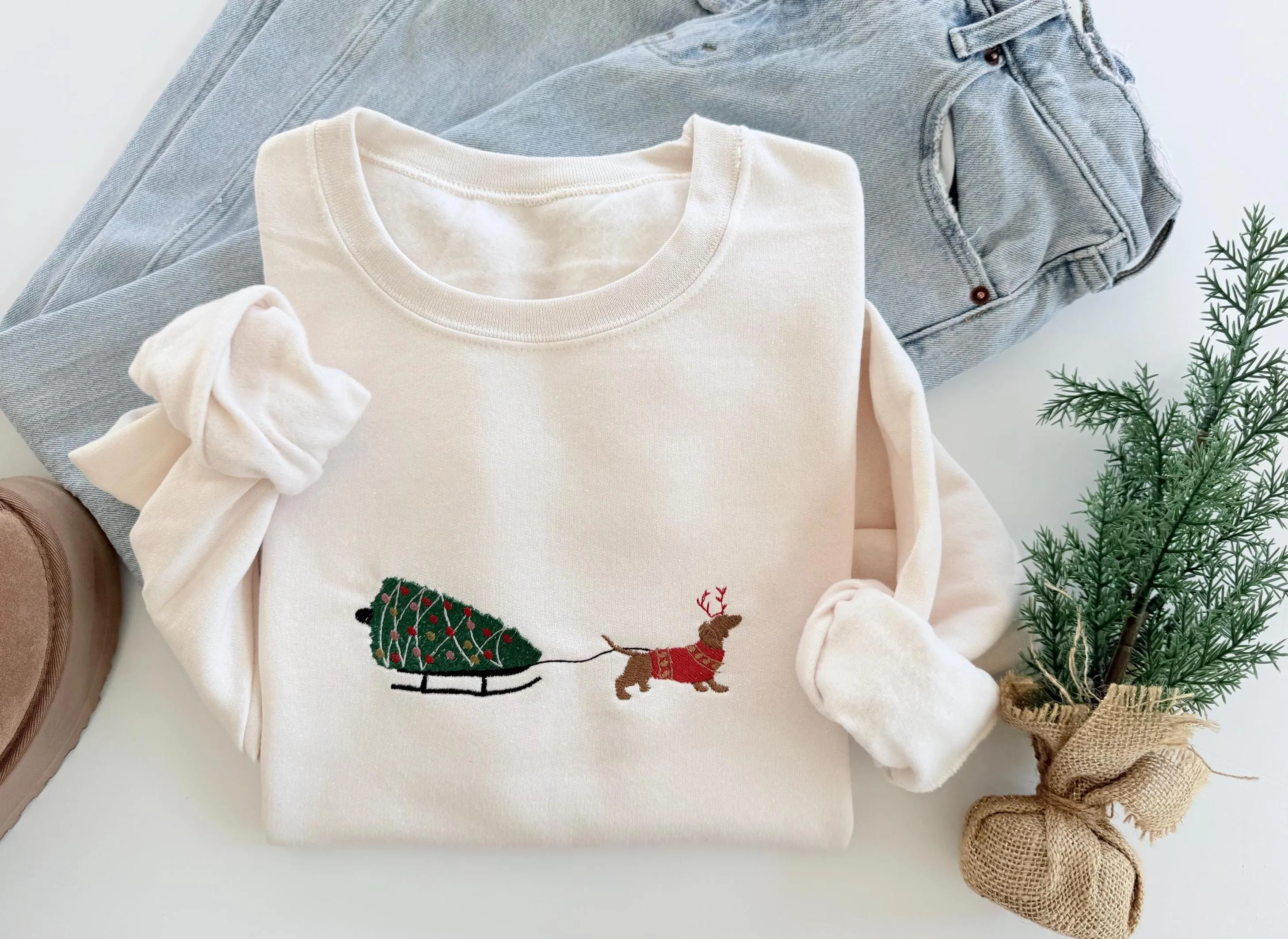 Embroidered Christmas Dog Sled Sweatshirt for Women – Christmas Winter Sweater for Dog Lovers