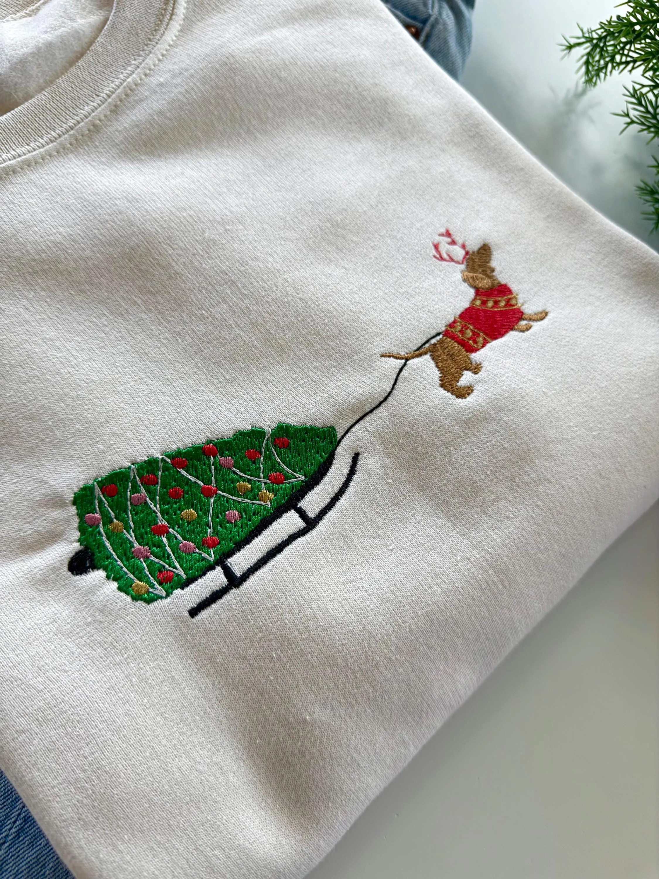 Embroidered Christmas Dog Sled Sweatshirt for Women – Christmas Winter Sweater for Dog Lovers