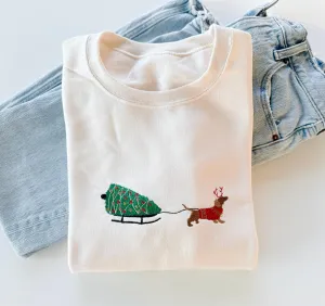 Embroidered Christmas Dog Sled Sweatshirt for Women – Christmas Winter Sweater for Dog Lovers