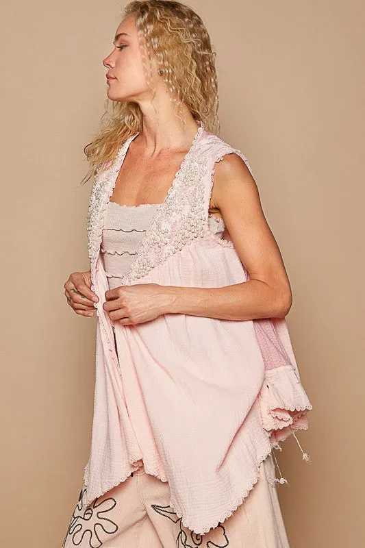 Embroidered Pearls Open Front Sleeveless Cardigan