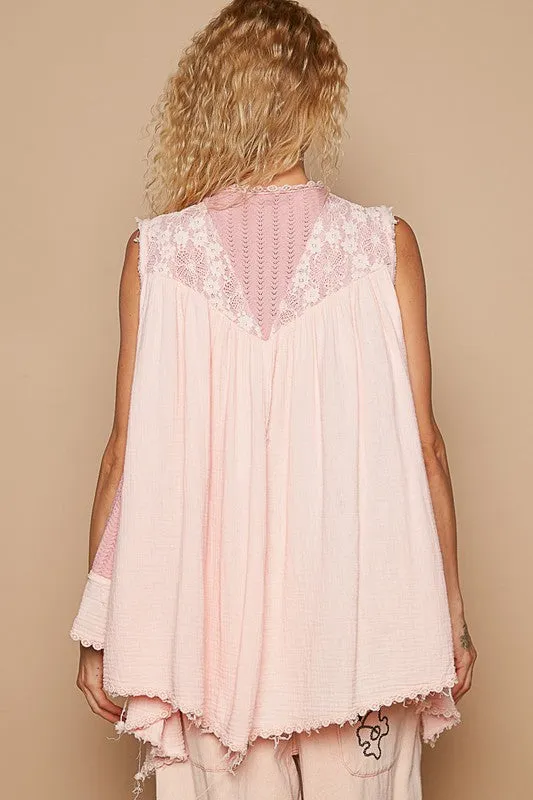 Embroidered Pearls Open Front Sleeveless Cardigan